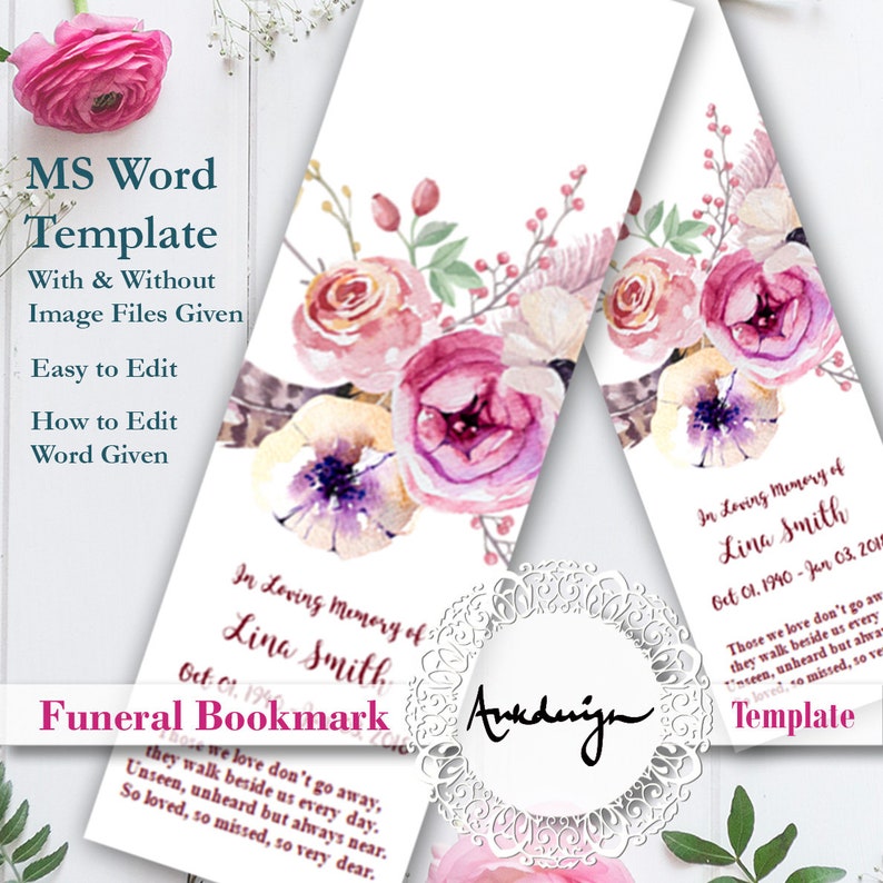 Pink Rose Funeral Bookmark Templatems Word Funeral Bookmark Etsy