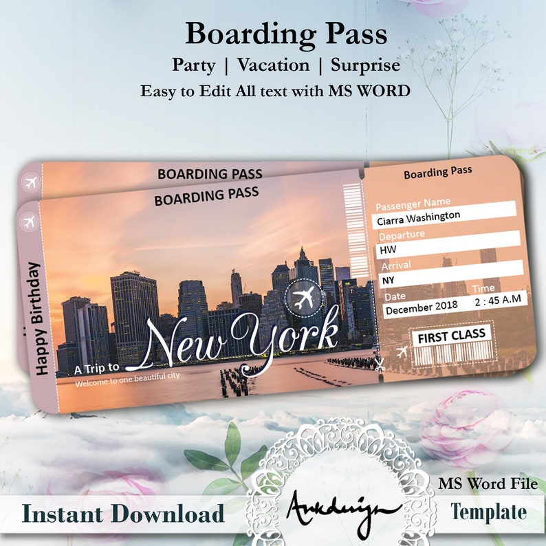 New York Ticket Template Airline Ticket Digital Download Etsy