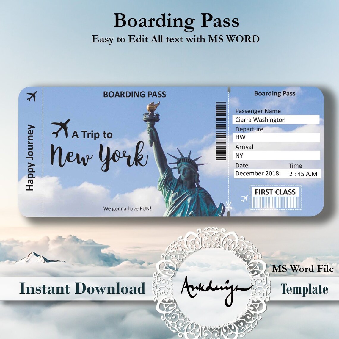 Ticket voor New York Vliegticket Digitaal downloaden Etsy Nederland