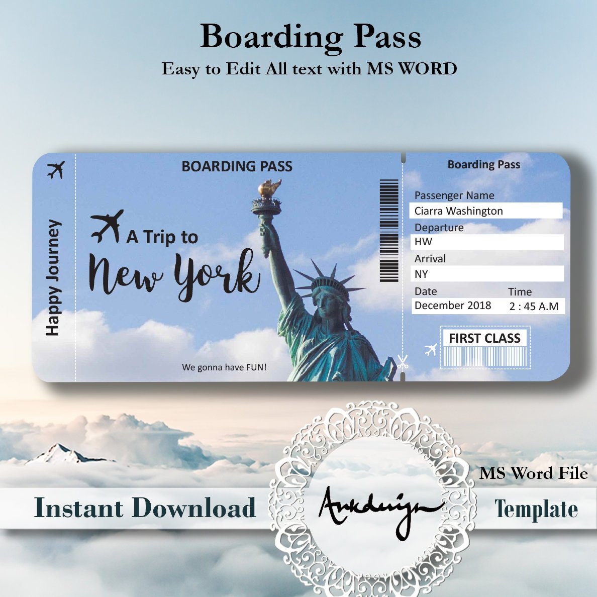 New York Ticket Airline Ticket Digital Download Airplane Etsy