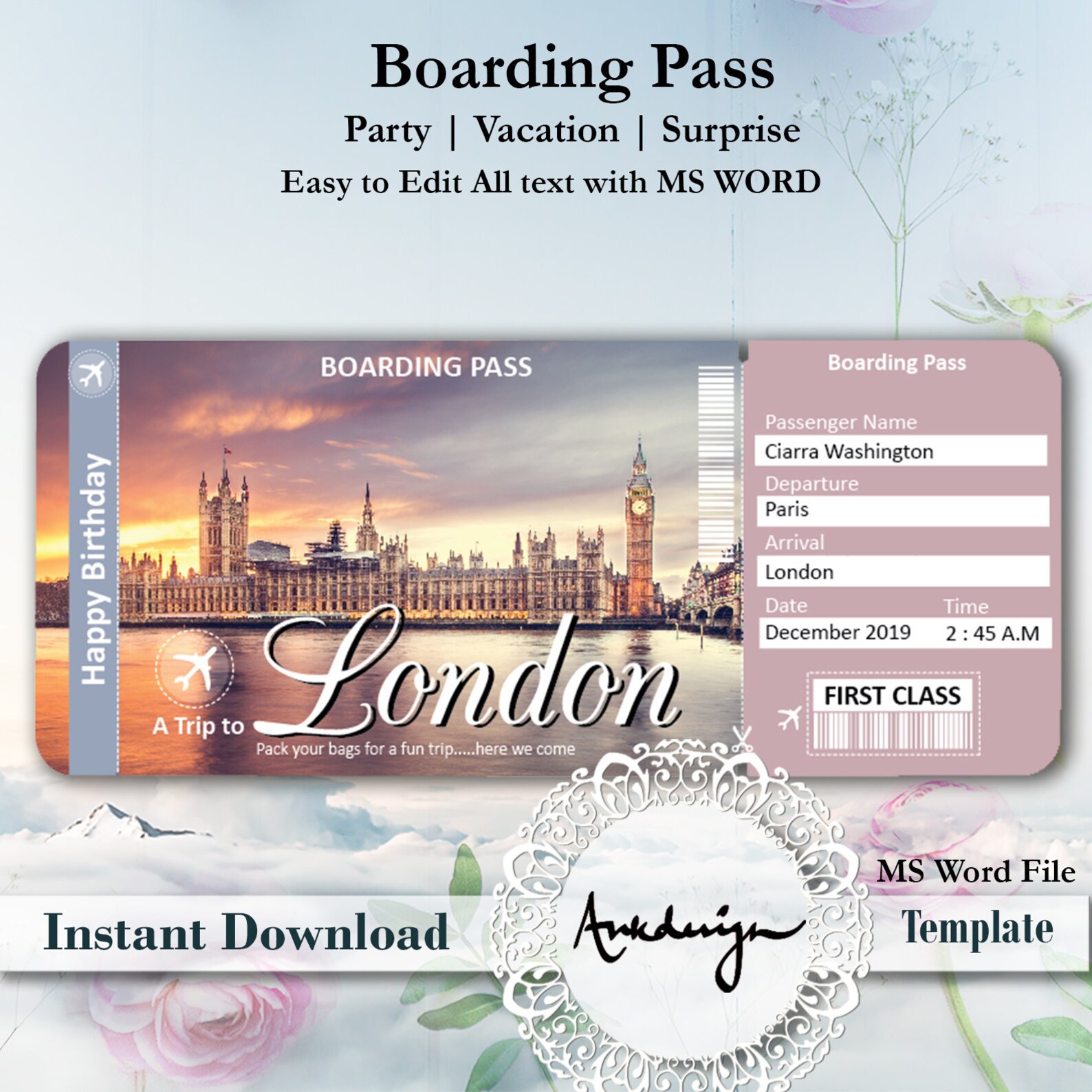 London Ticket Airline Ticket Digital Download Airplane Etsy