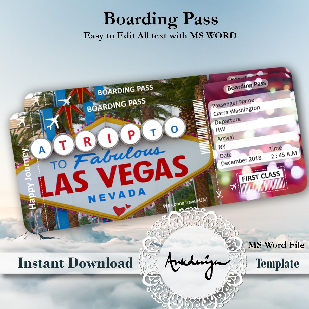 LAS VEGAS Ticket Airline Ticket Digital download Airplane Etsy