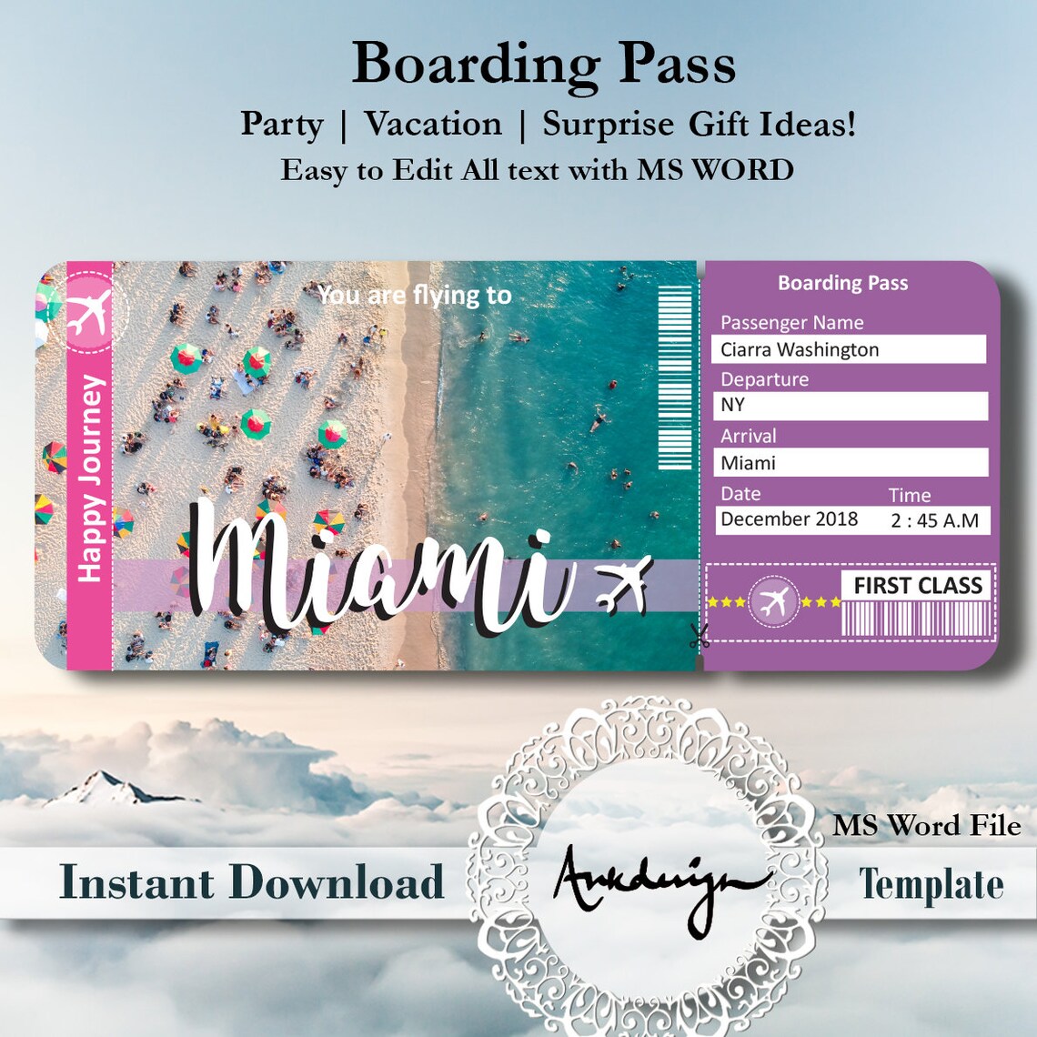 MIAMI Ticket Airline Ticket Invitation Airplane Ticket Boarding Pass Surprise Gift Vacation