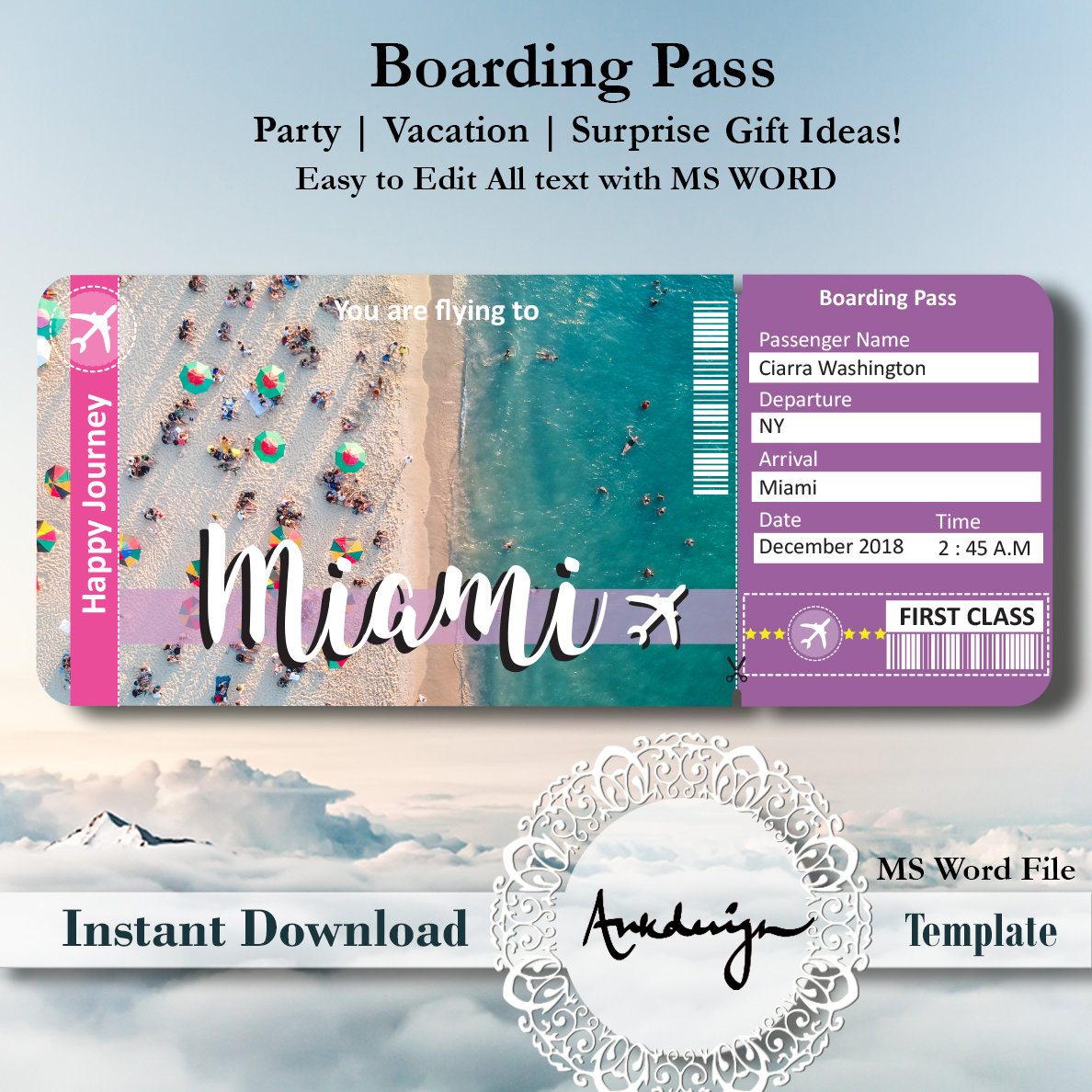 MIAMI Ticket Airline Ticket Invitation Airplane Ticket Etsy