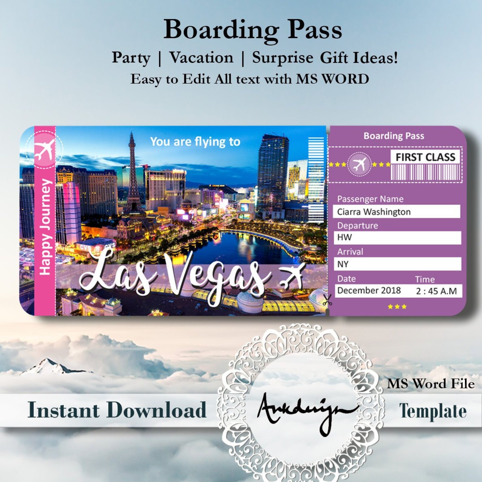LAS VEGAS Ticket Airline Ticket Digital download Airplane Etsy