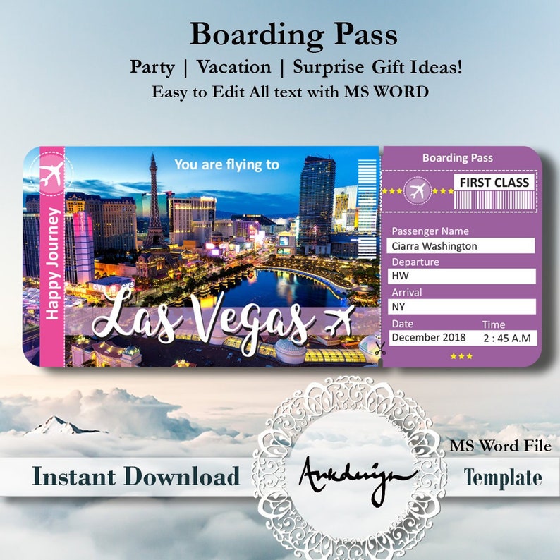 LAS VEGAS Ticket Airline Ticket Digital Download Airplane Etsy