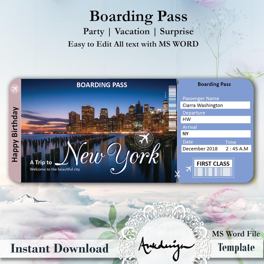 New York Ticket Template Airline Ticket Digital Download Etsy