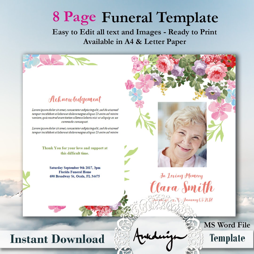 Floral 8 Page MS Word Funeral Card Floral Funeral Program Etsy