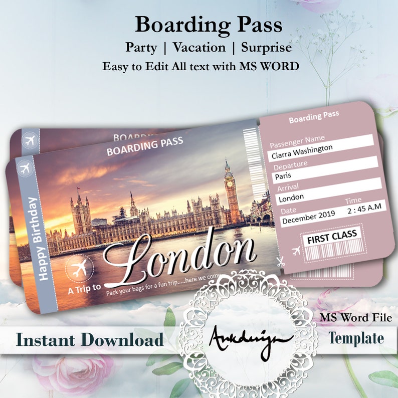 London Ticket Airline Ticket Digital Download Airplane Etsy