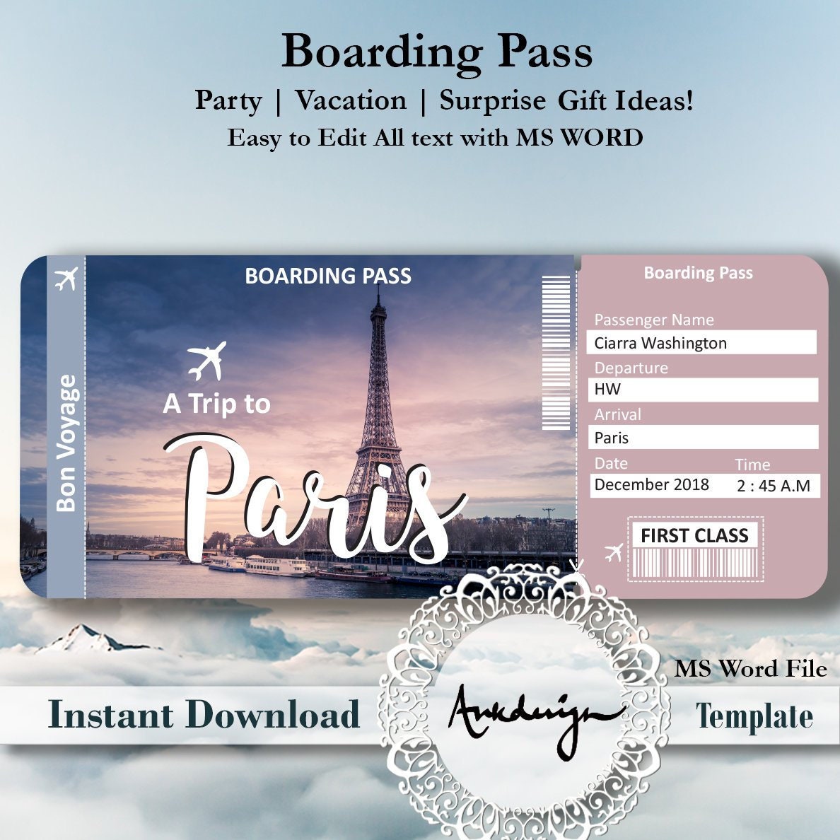 PARIS Ticket Airline Ticket Digital Download Airplane Ticket Boarding