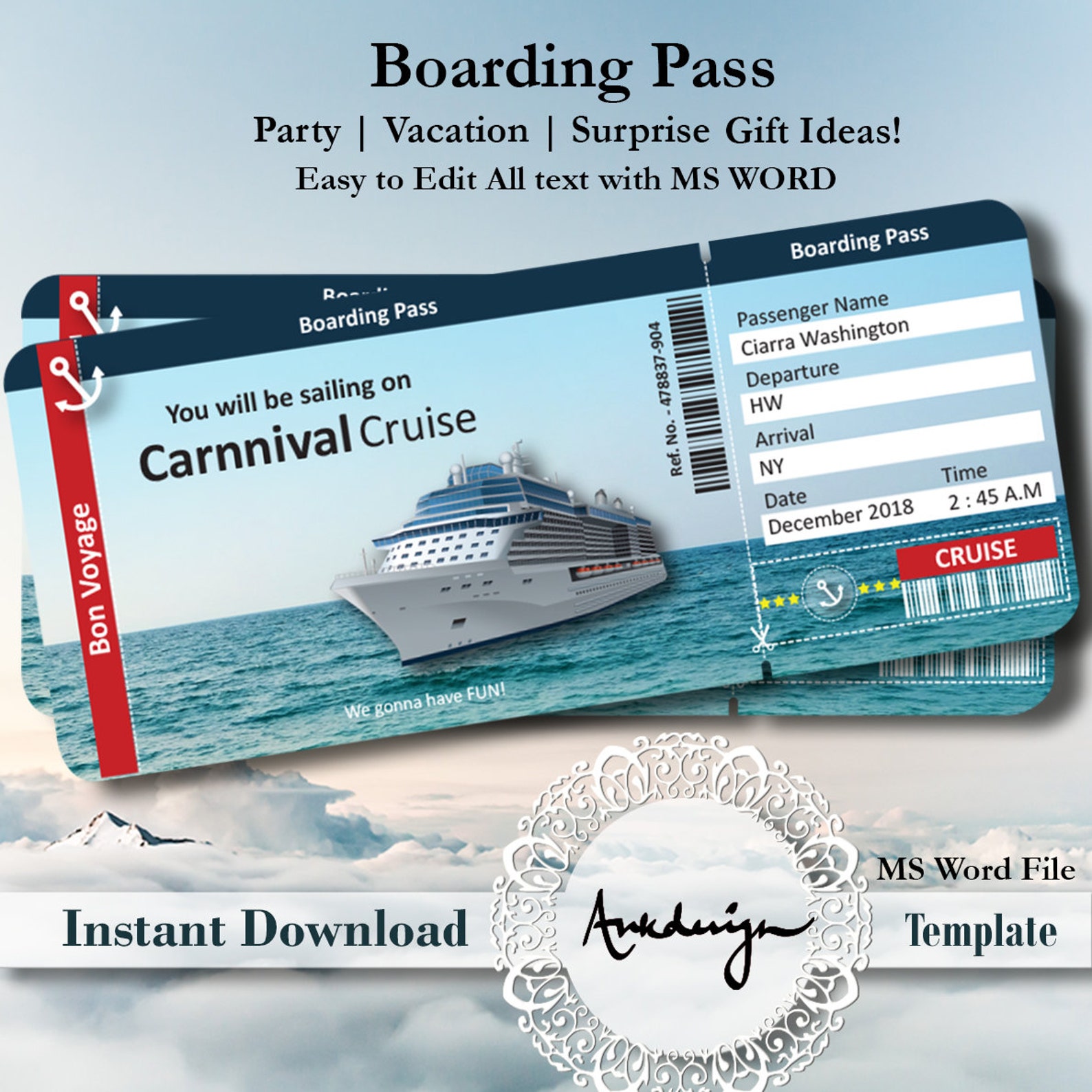 Carnnival Cruise Ticket Vacation Ticket Template Surprise Etsy