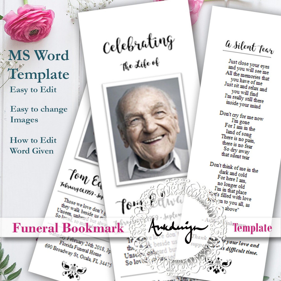 Funeral Bookmark Template Men MS Word Funeral Bookmark Etsy