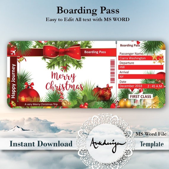 christmas ticket template airline ticket digital download etsy