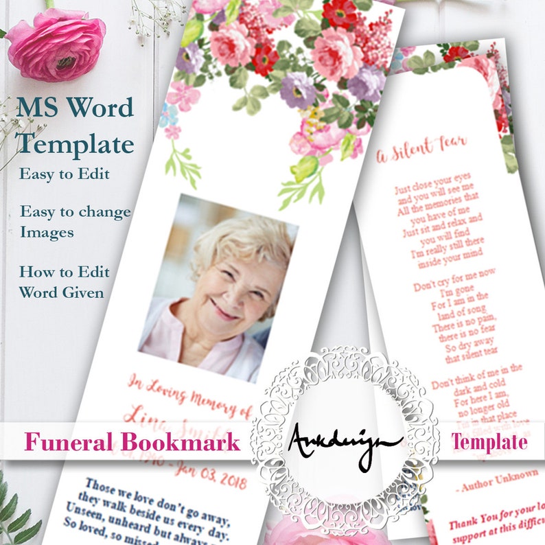 Floral Funeral Bookmark Template, MS Word Funeral Bookmark, Rose