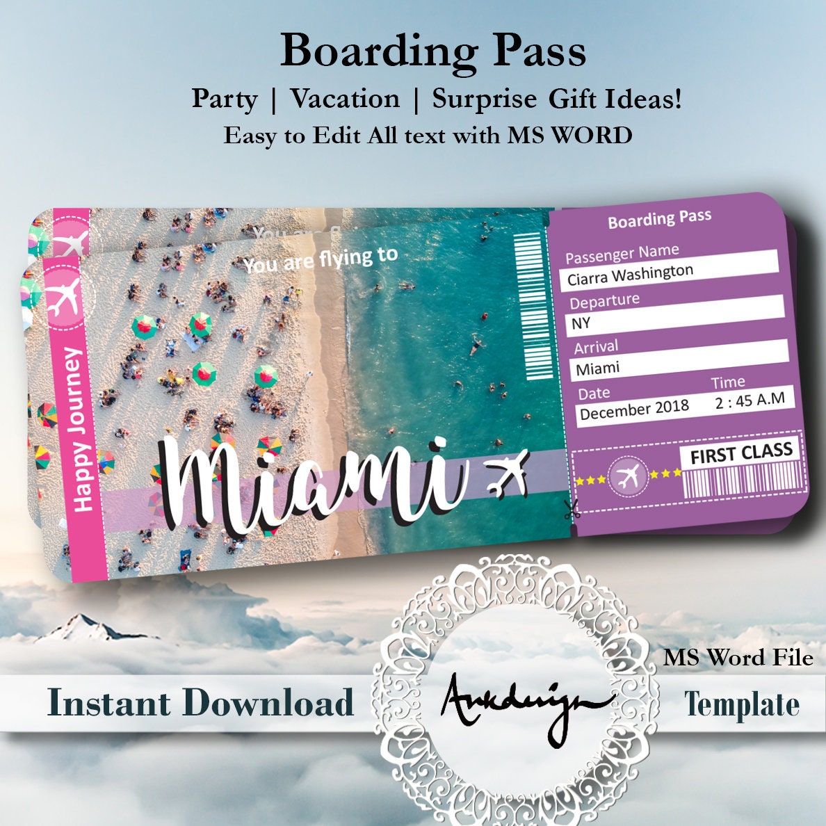 MIAMI Ticket Airline Ticket Invitation Airplane Ticket Etsy