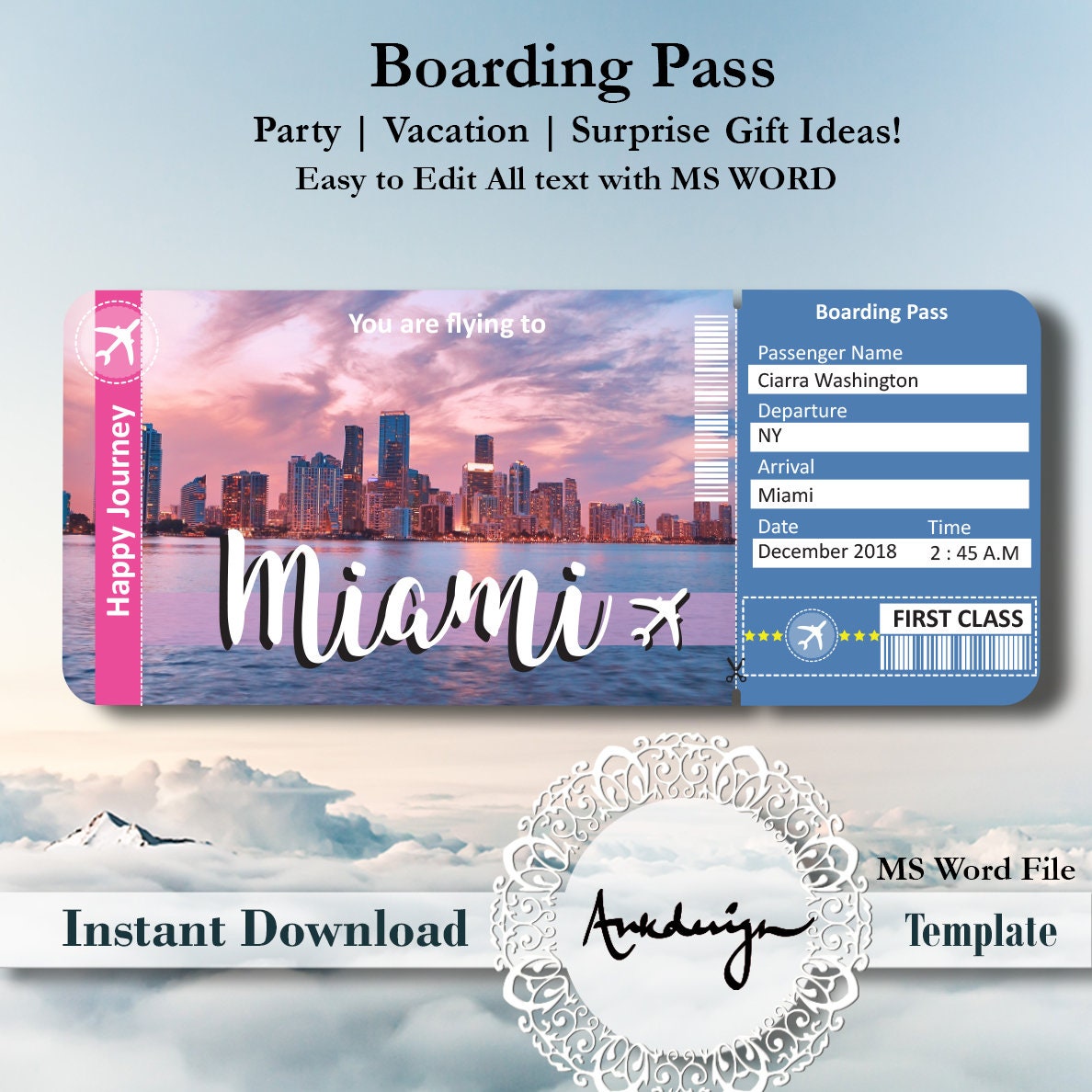 MIAMI Ticket Airline Ticket Invitation Airplane Ticket Etsy