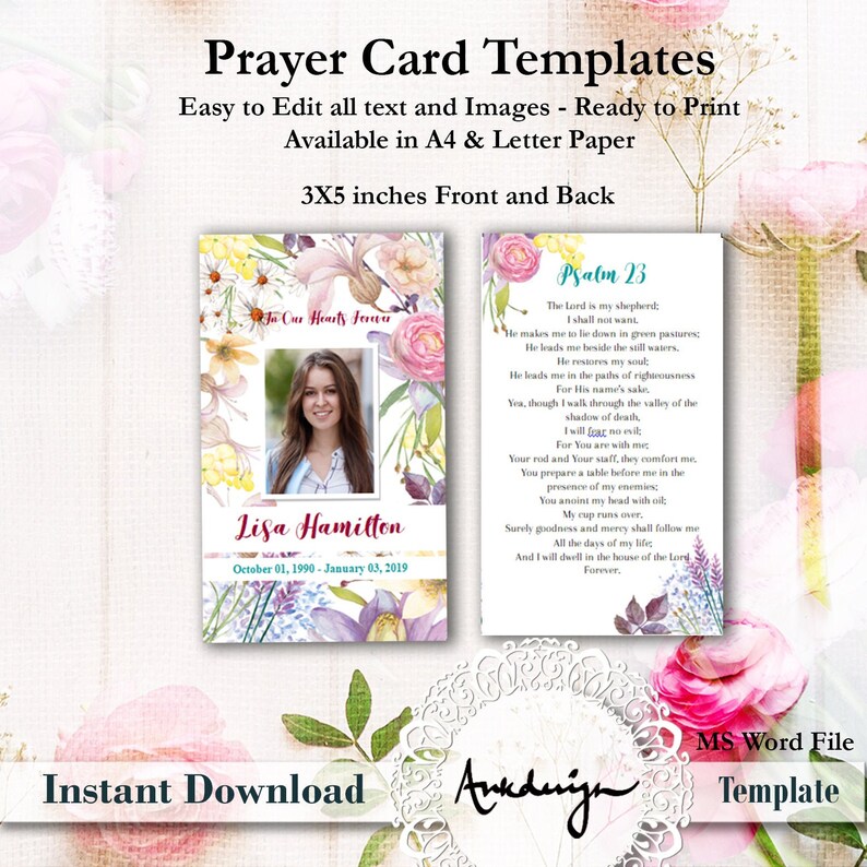 Watercolor Floral MS Word Prayer Card Funeral Prayer Template Etsy