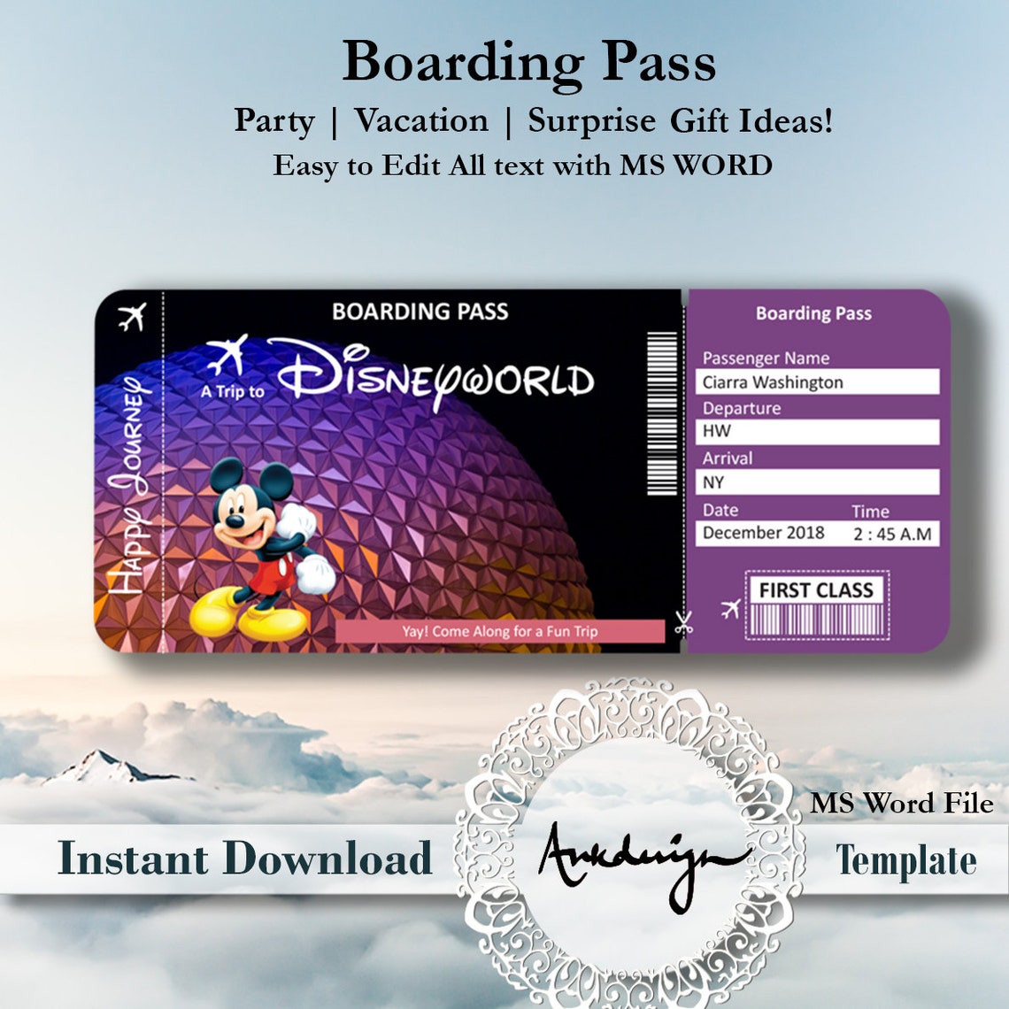 DISNEYWORLD 2 Ticket Airline Ticket Digital download Etsy