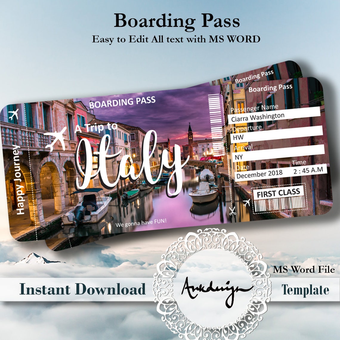 ITALY Ticket Airline Ticket Digital Download Airplane Ticket Boarding Pass Surprise Gift
