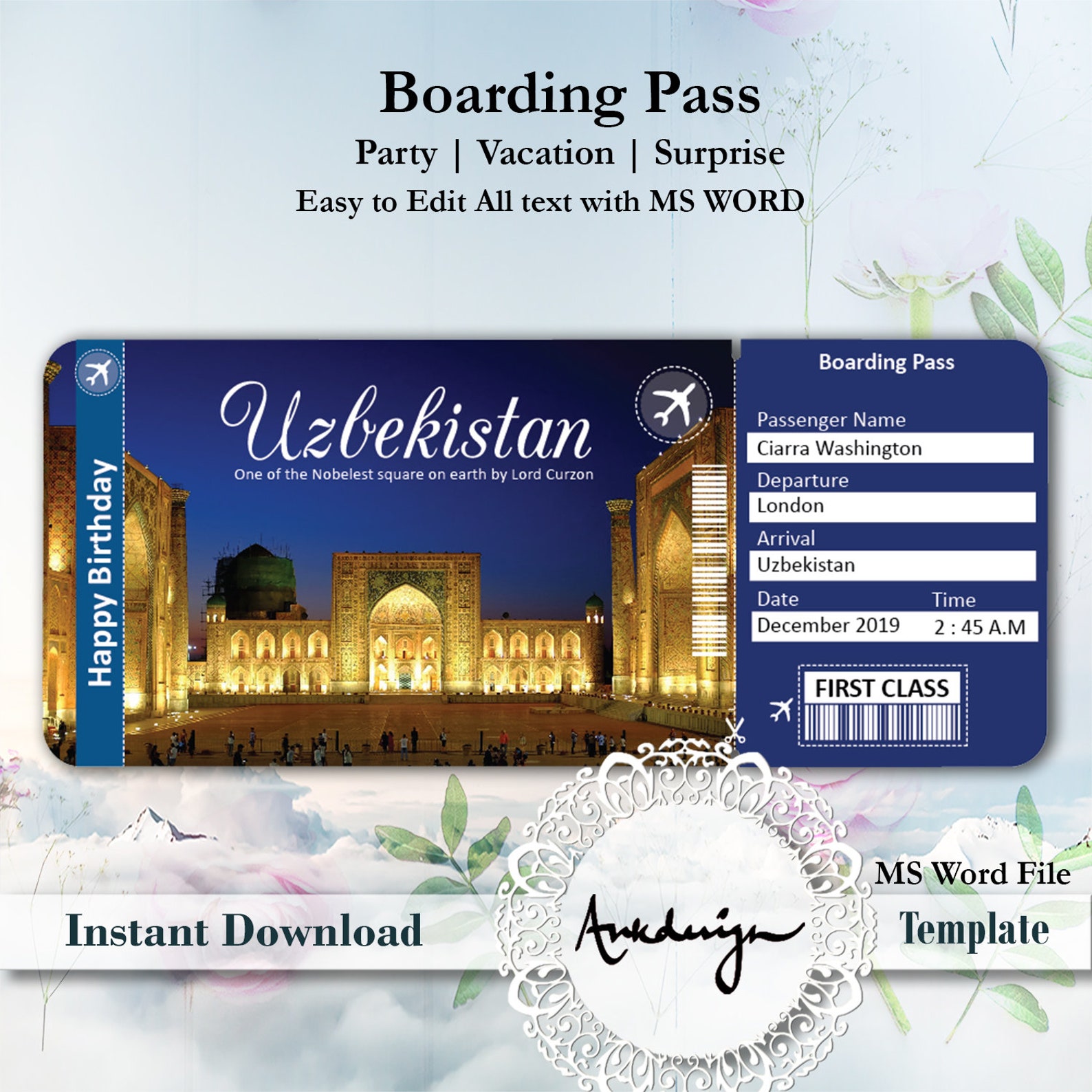 Uzbekistan ticket template Airline Ticket Digital download | Etsy