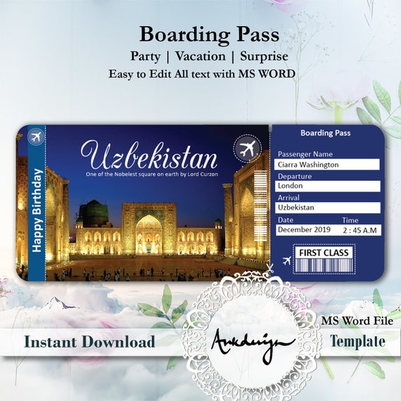 Uzbekistan Ticket Template Airline Ticket Digital Download | Etsy
