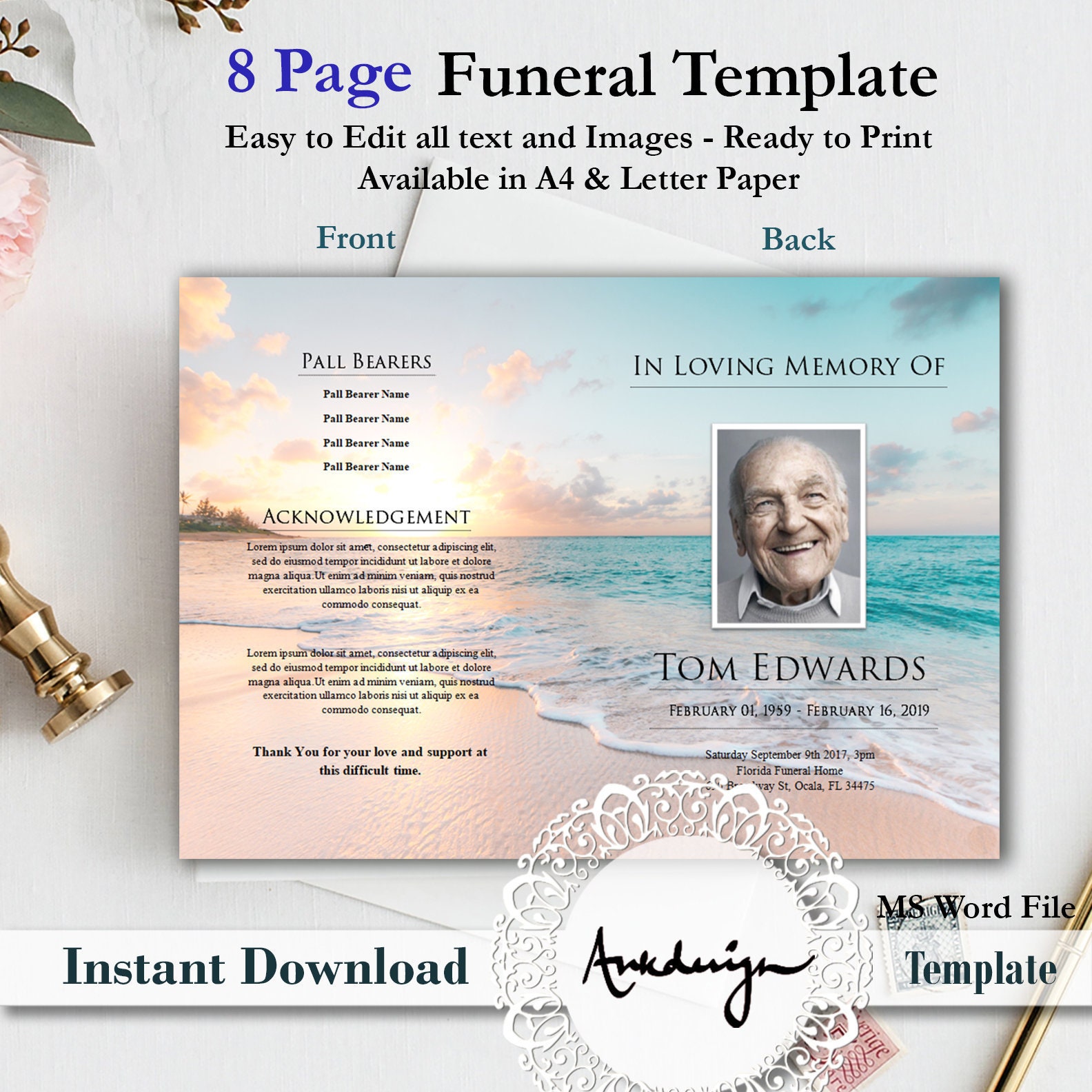 8 Page Funeral Template Funeral Program Template Men Etsy UK
