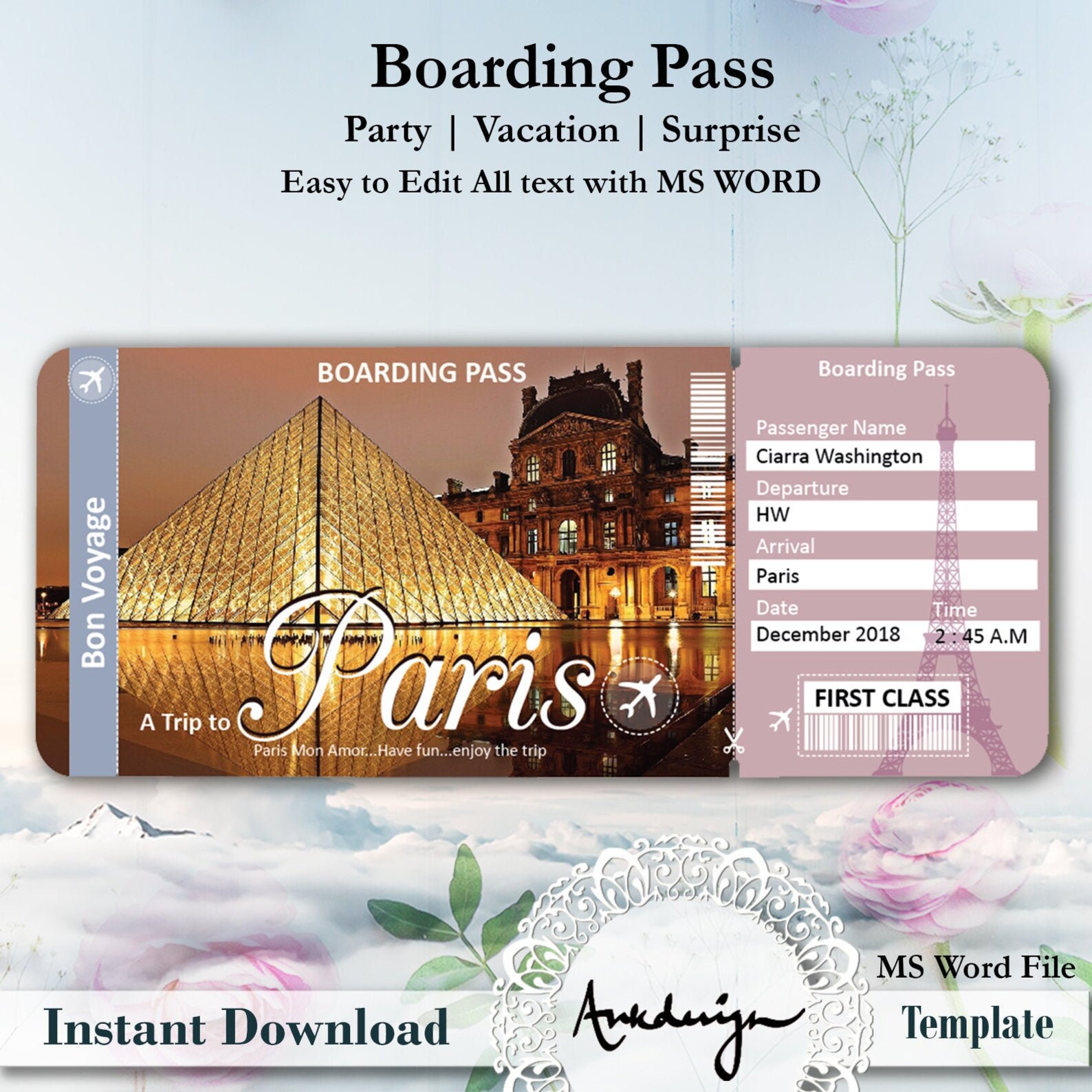 PARIS Ticket Template Airline Ticket Digital Download Airplane Ticket Boarding Pass Ticket to ...