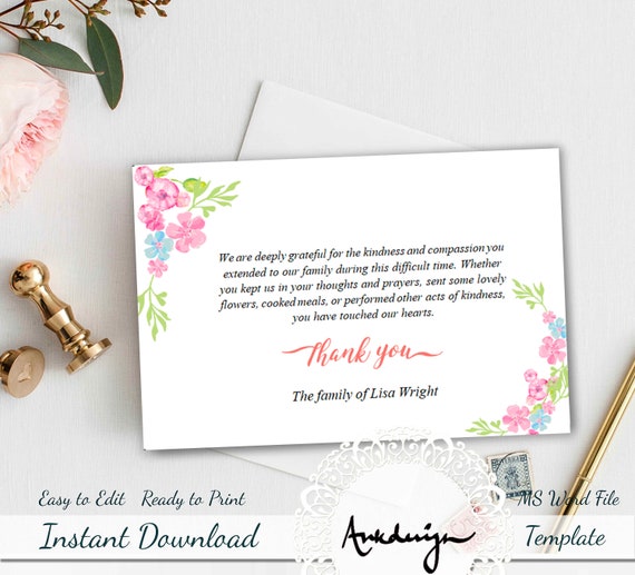 Editable Greenery Funeral Thank You Card Memorial Editable Template ...