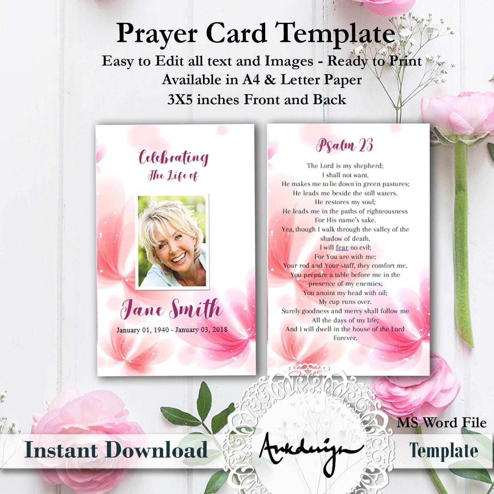 Floral Funeral Prayer Card template, Word Funeral Prayer Printable Funeral  Card, Memorial template, Prayer template, funeral memorial card Inside Memorial Card Template Word