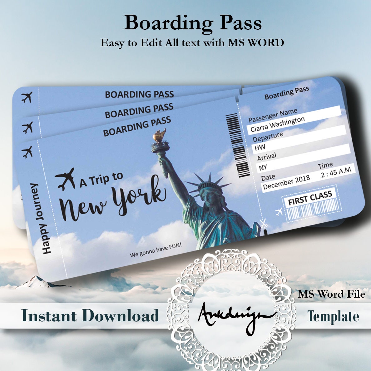 New York Ticket Airline Ticket Digital Download Airplane Etsy UK