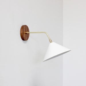 white wall lamp, mid century lighting, bedside lamp, white and brass lamp, wood light, led lighting