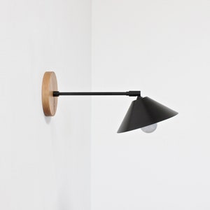 plug in wall lamp, mid century sconce, vanity lighting, reading light, cone shade lamp