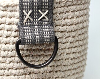 Crochet Storage Basket- Cotton String Basket- round basket- medium sized with decorative handles- handmade home decor