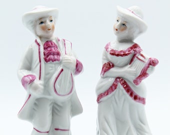 Vintage Victorian Couple Porcelain Figurines- Musicians Figurines- Set of 2- White- Pink- 5 inches tall