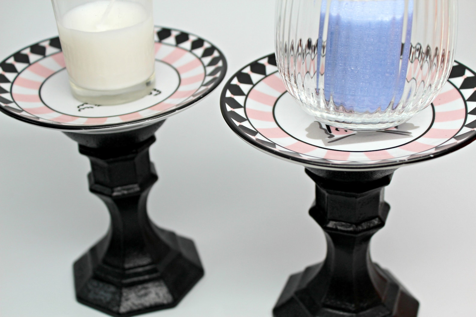Glass Candle Sticks Upcycled Candle Holder Pin Cushion Candle Plate Trinket Holder