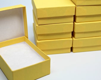 Gift Boxes- Kraft Jewelry Boxes- Yellow Storage Box with lid- Recycled Content Boxes- Includes Cotton Fill- Made in USA- Set of 8