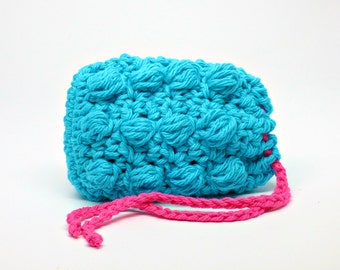 Bright Mod Blue Soap Sack- Crochet Soap Pouch- Soap Saver- Massaging Spa Soap Cozy- Soap Holder- Spa Bath Scrubbie- Shower Accessory