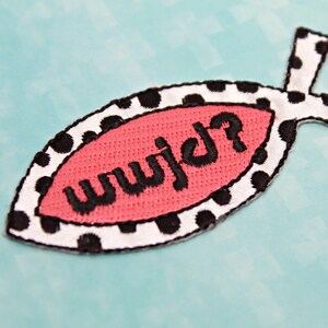 WWJD? Ichthus Fish Applique by Wrights- Iron on patch- Embroidery Applique- Ichthus Patch- Ichthys Applique- 3 X 1.5