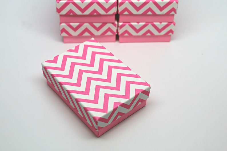 Gift Boxes Recycled Content Boxes Made in USA Set of 8 Kraft Jewelry Boxes Pink Chevron Storage Box with lid Includes Cotton Fill