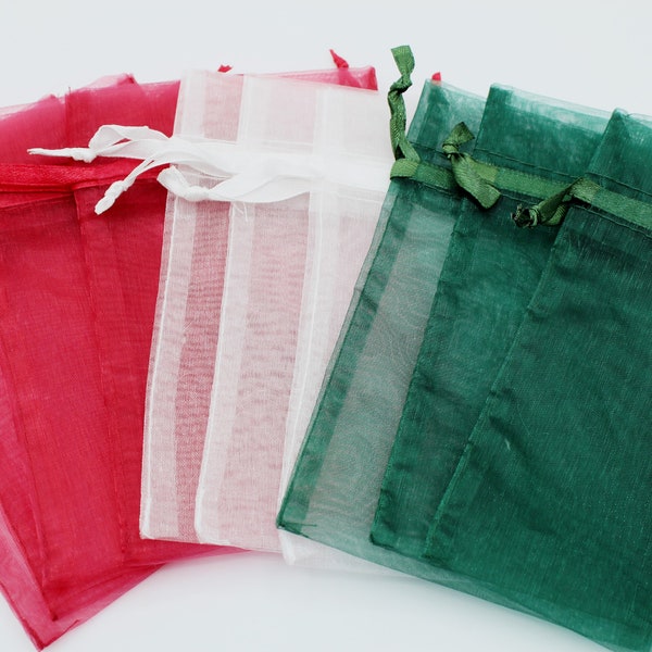 Christmas Assortment- 4 X 6 Organza Bags - Reusable Fabric Gift Bags - Jewelry Packaging- Party Favor Bags- Gift Packaging- Set of 10