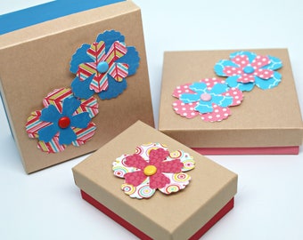 Kraft Jewelry Boxes with lids- Decorated Gift or Display Box- Recycled Content Boxes- with Fiberfill- Made in USA- Set of 3