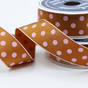 Braunes Taftband mit pinken Punkten- 1 Zoll breit- BandRolle- Polyesterband- Band durch die Spule- 4 Meter