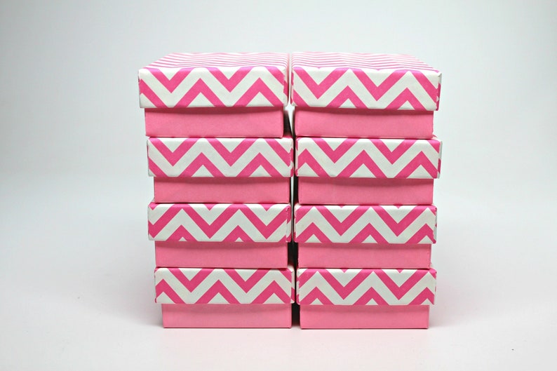 Gift Boxes Recycled Content Boxes Made in USA Set of 8 Kraft Jewelry Boxes Pink Chevron Storage Box with lid Includes Cotton Fill