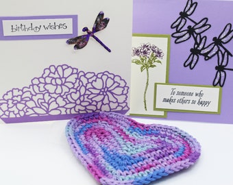 Birthday Card and Gift in one- Card Includes Hand Crochet Heart Shaped Coaster- One of a Kind