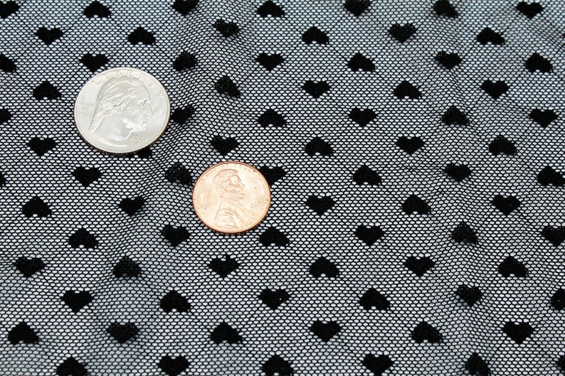 Pu&ograve; includere: Due monete americane, un dollaro d'argento e un penny di rame, sono posizionate su un tessuto nero con un motivo ripetitivo di piccoli cuori neri.