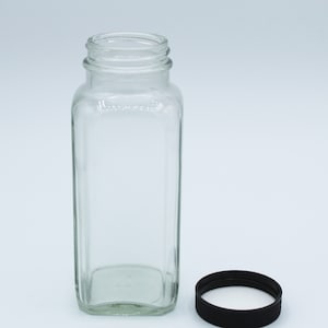 Clear Glass Bottles with lined black lid- Clear Empty 8 oz Jars- Jars for crafting- Storage Jars with plastic screw on lids- Set of 4