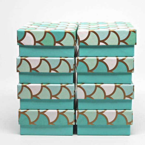 Kraft Jewelry Boxes- Mermaid Aqua Gift Boxes- Storage Box with lid- Recycled Content Boxes- Includes Cotton Fill- Made in USA- Set of 8