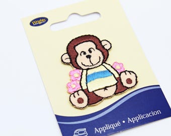 Monkey Applique by Wrights- Sew on patch- Embroidery Applique- Monkey Patch- 2 appliques per card
