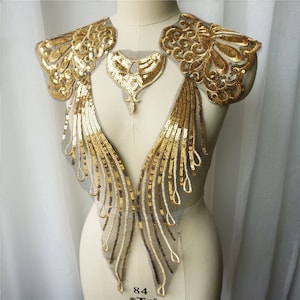Sparkle Gold Sequins Lace Applique, Embroidery Large Bodice Appliques For Pageant gown, Party Dress, Evening Dress, Formal Dress, 1 set