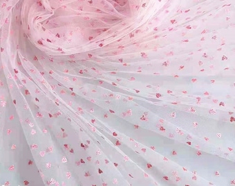 Tiny Glitter Pink Love hearts tulle Lace Fabric, Polka dots Tulle For Princess dress, Tutu Dance, Mini Dress, Bridal Veil, Prom, 1 Yard